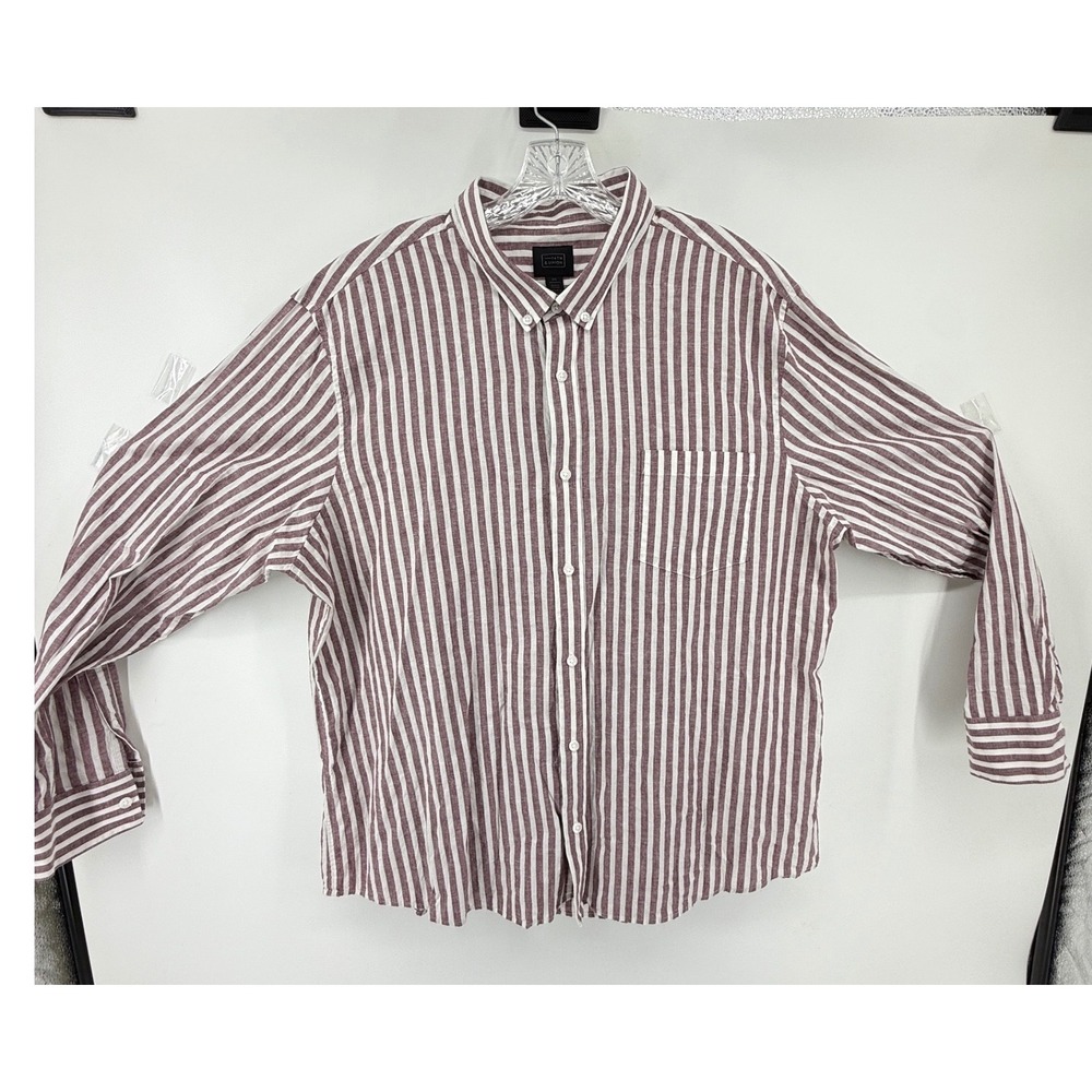 14th & Union Mens 2XL Linen Cotton Striped Button Down Shirt Burgundy White